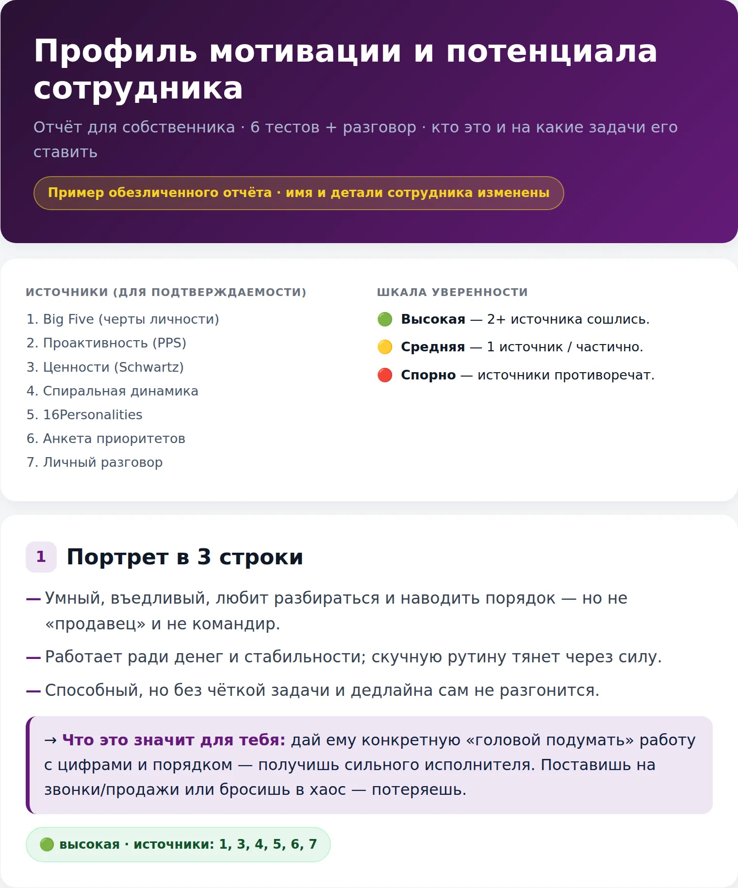 Шапка отчёта и «Портрет в 3 строки»: умный, въедливый, любит порядок — но не продавец и не командир. Внизу — строка подтверждаемости 🟢/🟡/🔴 с номерами тестов: видно, насколько крепко стоит каждый вывод.
