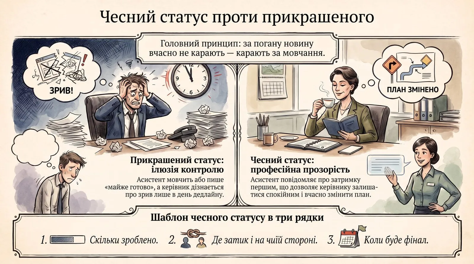 Инфографика: честный статус против приукрашенного. Слева ассистент молчит или пишет «почти готово», руководитель узнаёт о срыве в день дедлайна. Справа ассистент сообщает о задержке первым — план меняют вовремя. Главный принцип: за плохую новость вовремя не наказывают, наказывают за молчание