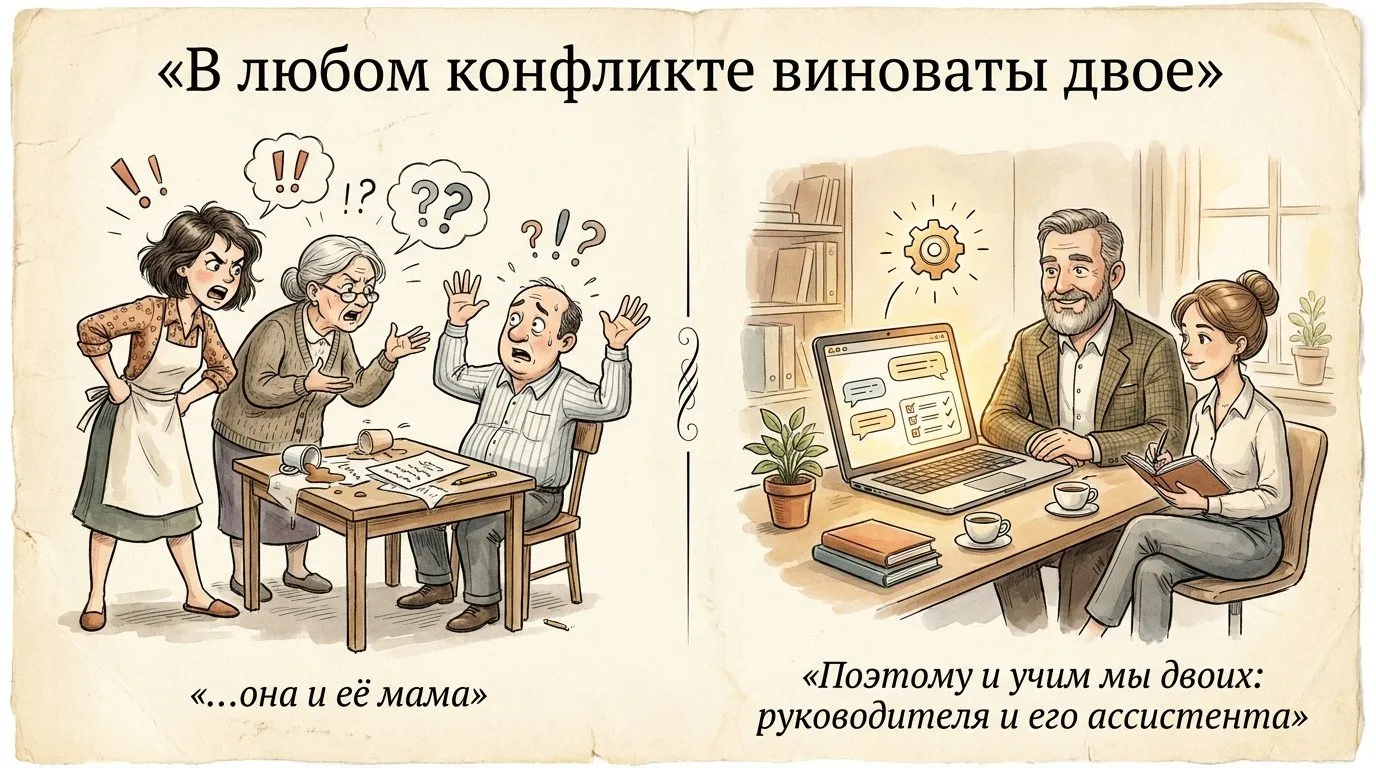 Иллюстрация: слева семейная ссора — «В любом конфликте виноваты двое… она и её мама». Справа руководитель и ассистент вместе работают за ноутбуком — «Поэтому и учим мы двоих: руководителя и его ассистента»