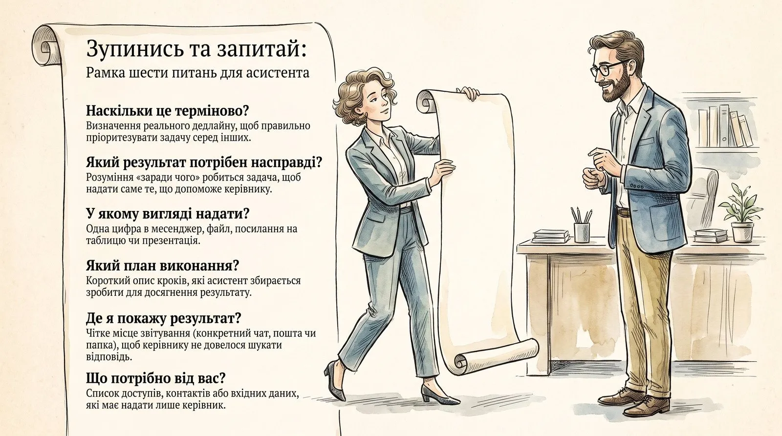 Инфографика: рамка шести вопросов для ассистента перед стартом задачи — насколько это срочно, какой результат нужен на самом деле, в каком виде предоставить, какой план выполнения, где я покажу результат, что нужно от вас