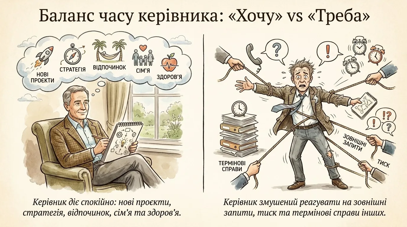 Інфографіка: баланс часу керівника. Ліворуч — «Хочу»: спокійний власник думає про нові проєкти, стратегію, відпочинок, сім’ю та здоров’я. Праворуч — «Надо»: його розривають чужі термінові справи, зовнішні запити та тиск