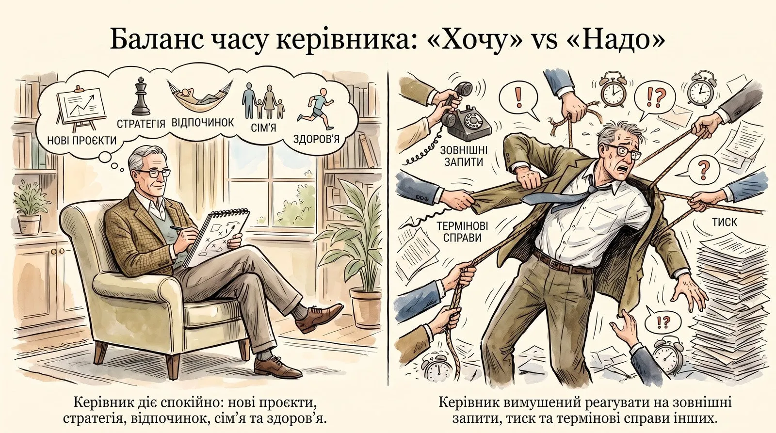 Инфографика: баланс времени руководителя. Слева — «Хочу»: спокойный собственник думает о новых проектах, стратегии, отдыхе, семье и здоровье. Справа — «Надо»: его рвут на части чужие срочные дела, внешние запросы и давление
