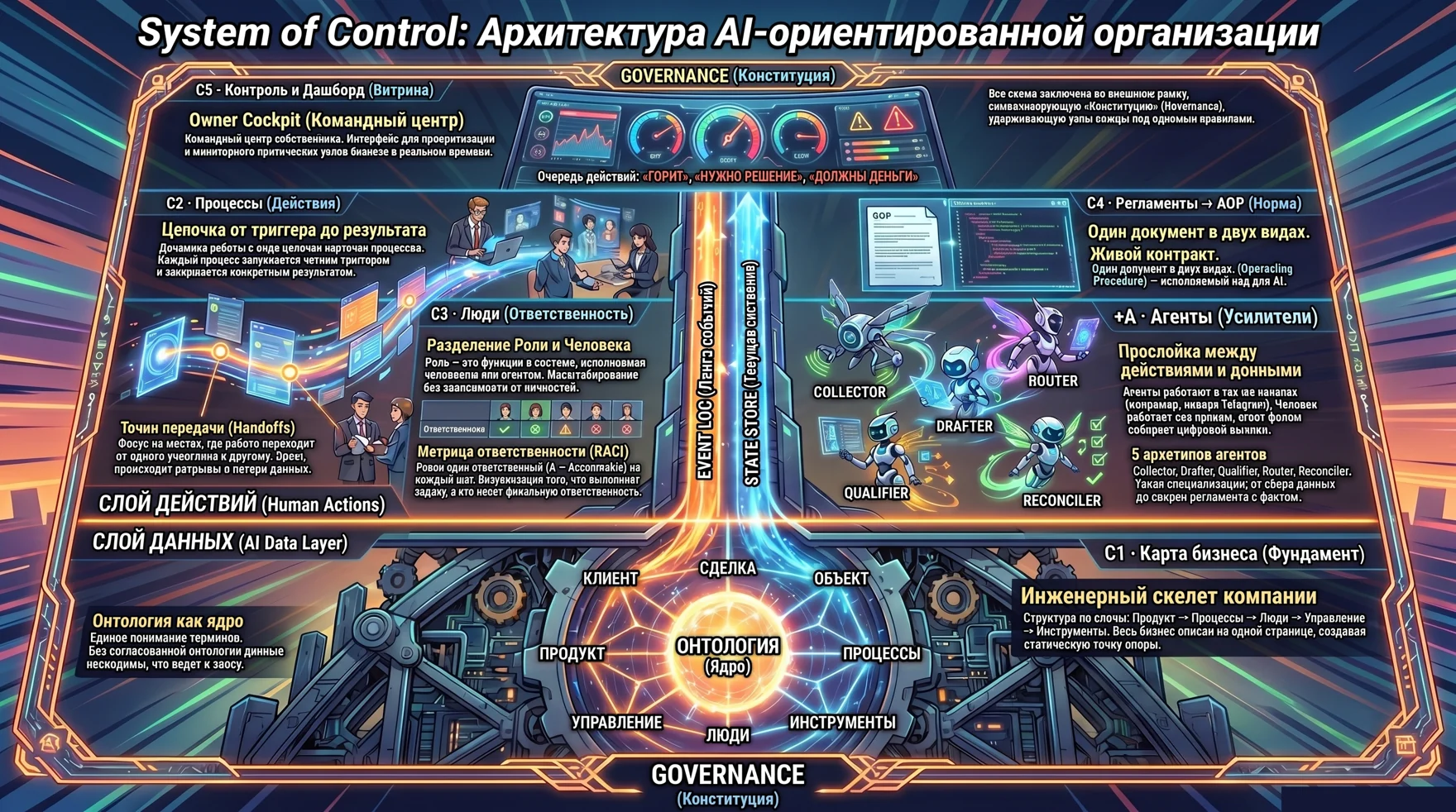 System of Control: детальная карта архитектуры AI-ориентированной организации — Governance, контуры C1–C5, +A Агенты, слой действий и слой данных, онтология-ядро.