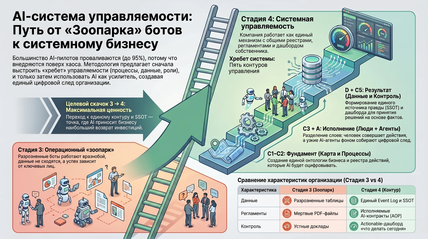 Путь от «зоопарка» ботов к системному бизнесу: лестница стадий 3→4, пять контуров и сравнение характеристик.