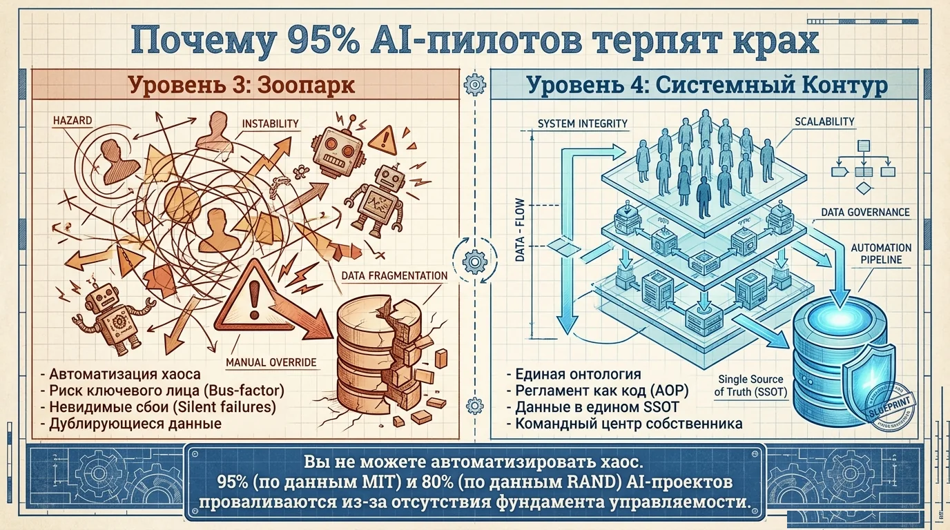 Почему 95% AI-пилотов проваливаются: автоматизируют хаос вместо системы.
