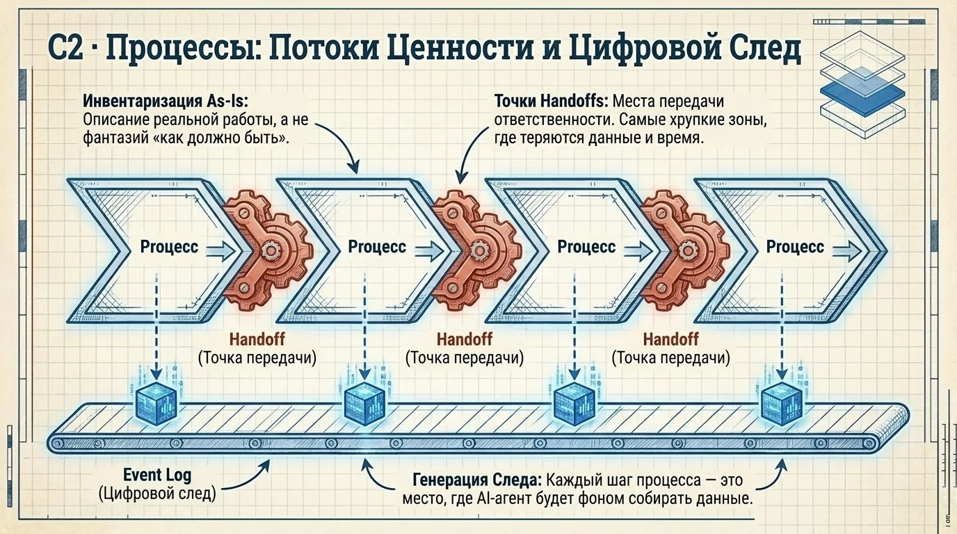 C2 · Потоки ценности, точки handoff и цифровой след.