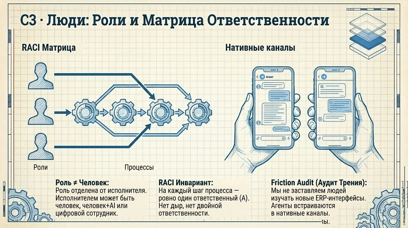 C3 · Роли, RACI и нативные каналы.