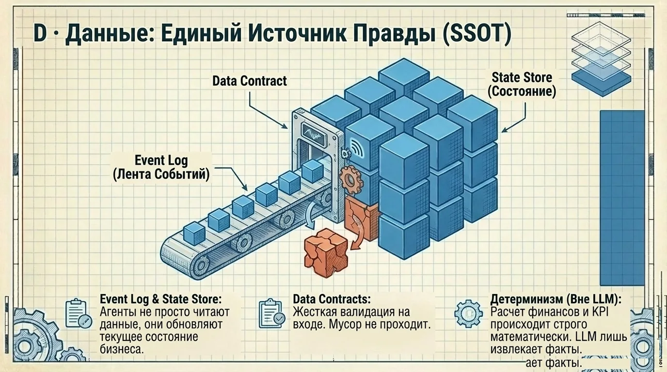 D · Единый источник правды: Event Log, Data Contract, State Store.