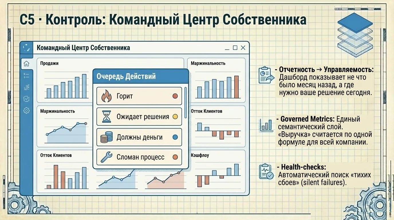 C5 · Командный центр собственника: очередь действий.